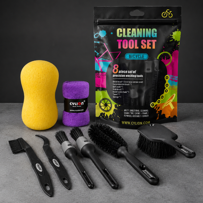 Cleaning tool set with packaging on a gray surface