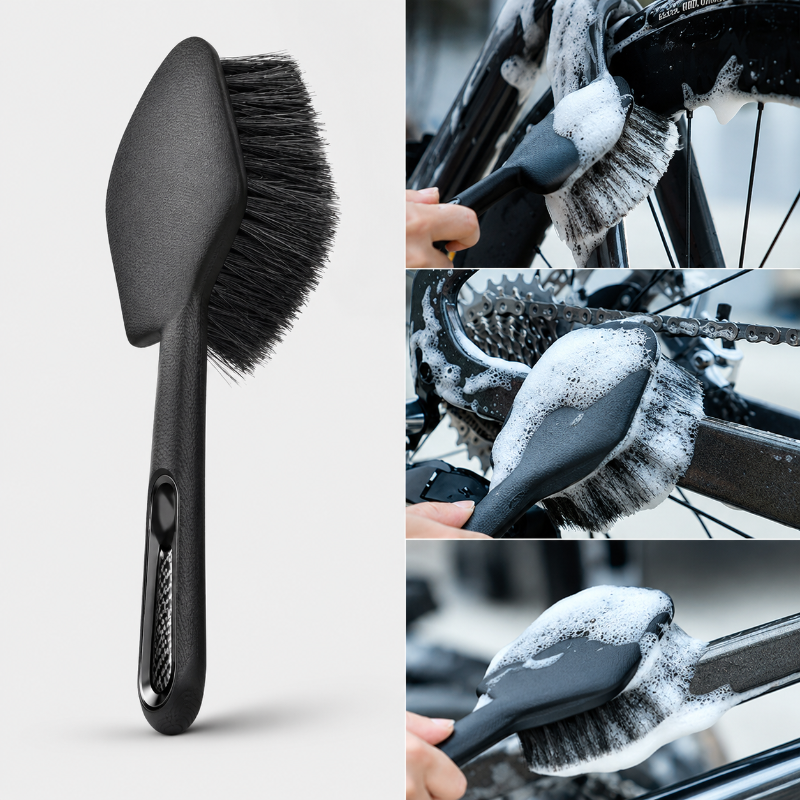 Black brush with bristles used for cleaning a bicycle, shown from different angles.