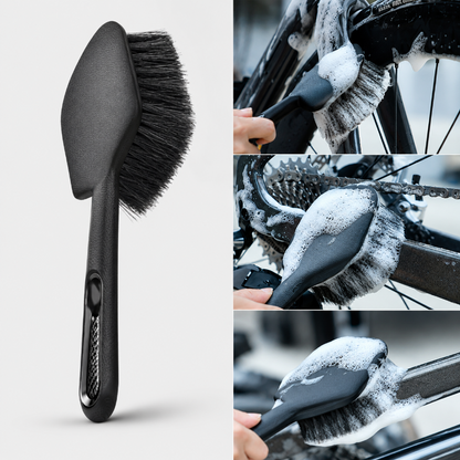Black brush with bristles used for cleaning a bicycle, shown from different angles.