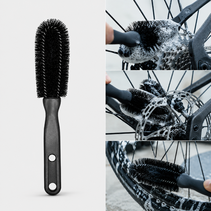 Black bicycle cleaning brush with close-up shots of it being used on a bike wheel.
