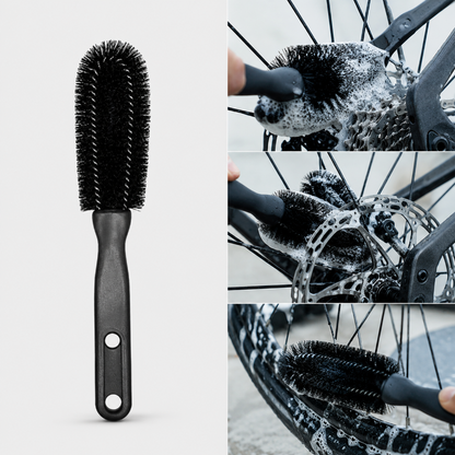 Black bicycle cleaning brush with close-up shots of it being used on a bike wheel.