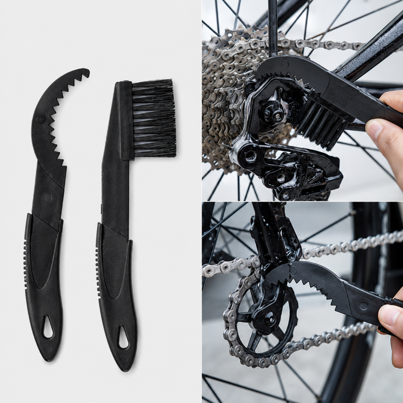 Bicycle cleaning brush and chain tool set with close-up of use on a bicycle chain.