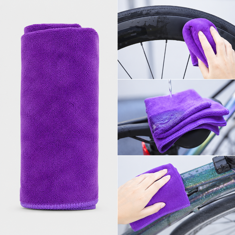 Purple microfiber towel shown in various uses including cleaning a car wheel and windshield.