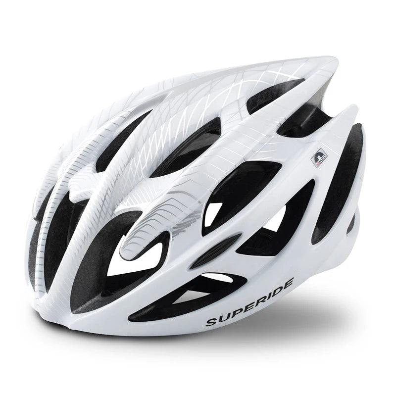 White bicycle helmet with black accents on a white background