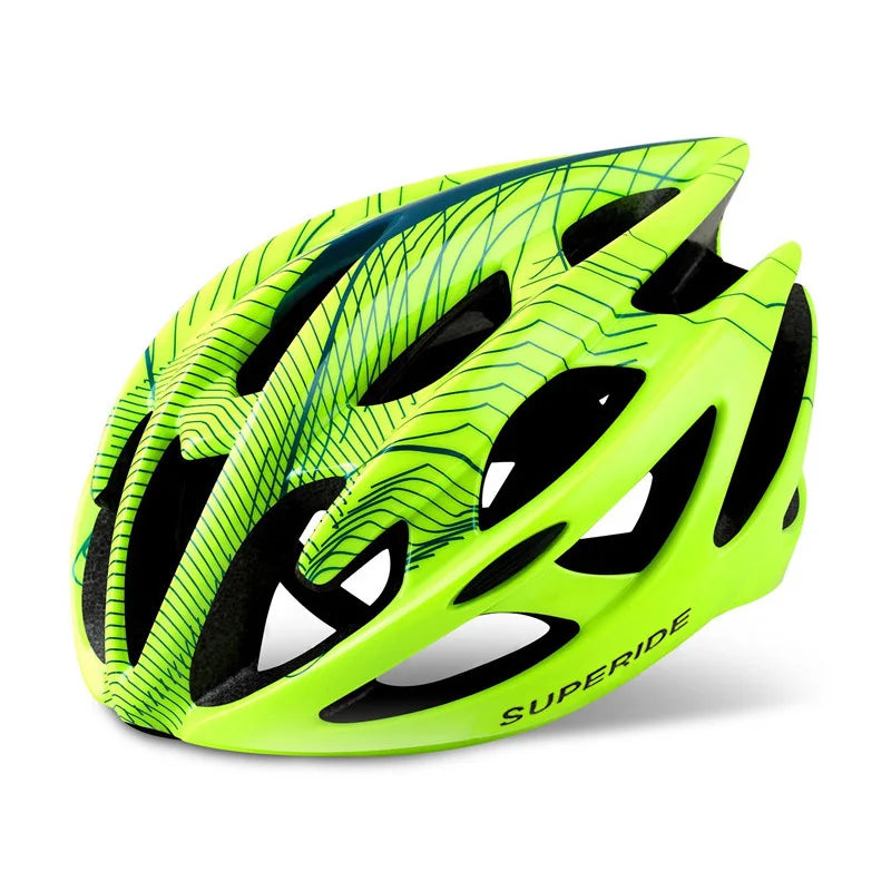Bright green bicycle helmet with black accents on a white background