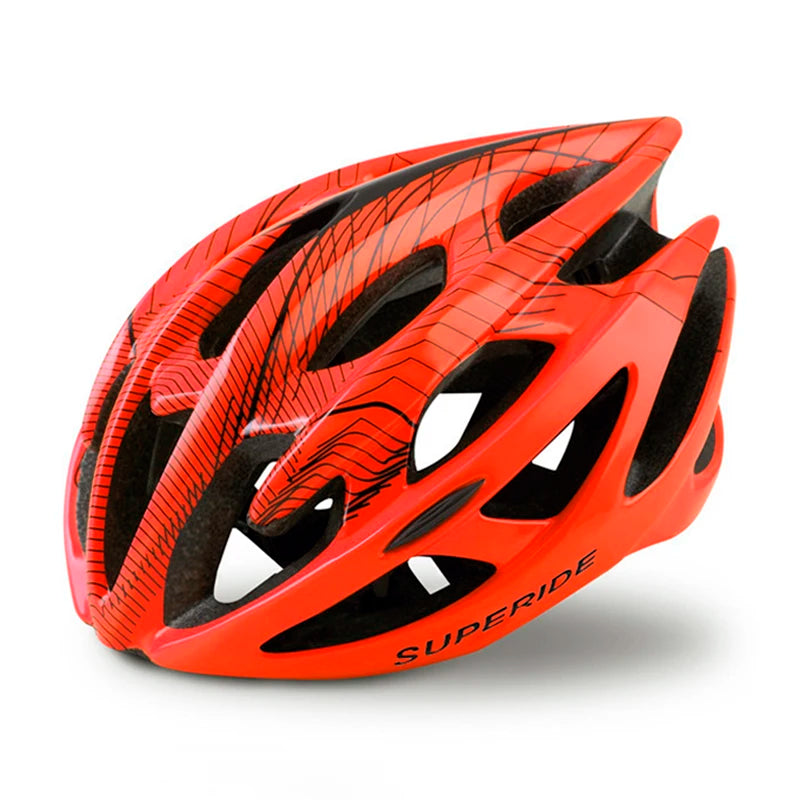 Red and black bicycle helmet with 'Superbike' branding on a white background
