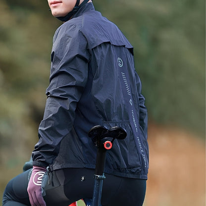 Back view of cycling windbreaker showing reflective strip and pocket details