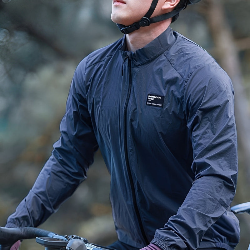 Windbreaker jacket displaying SPF 40+ sun protection and water resistance