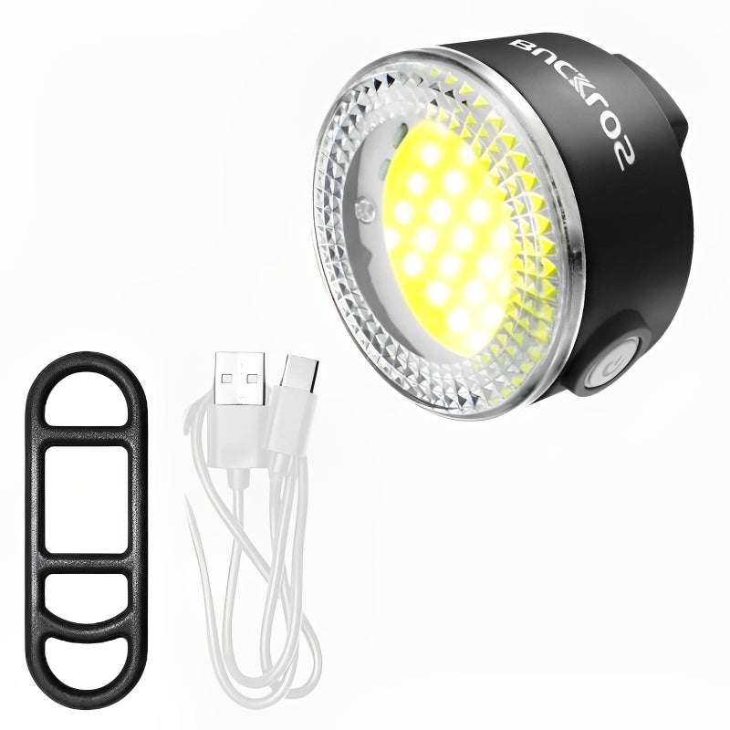 Bicycle light with USB cable and carabiner on a white background