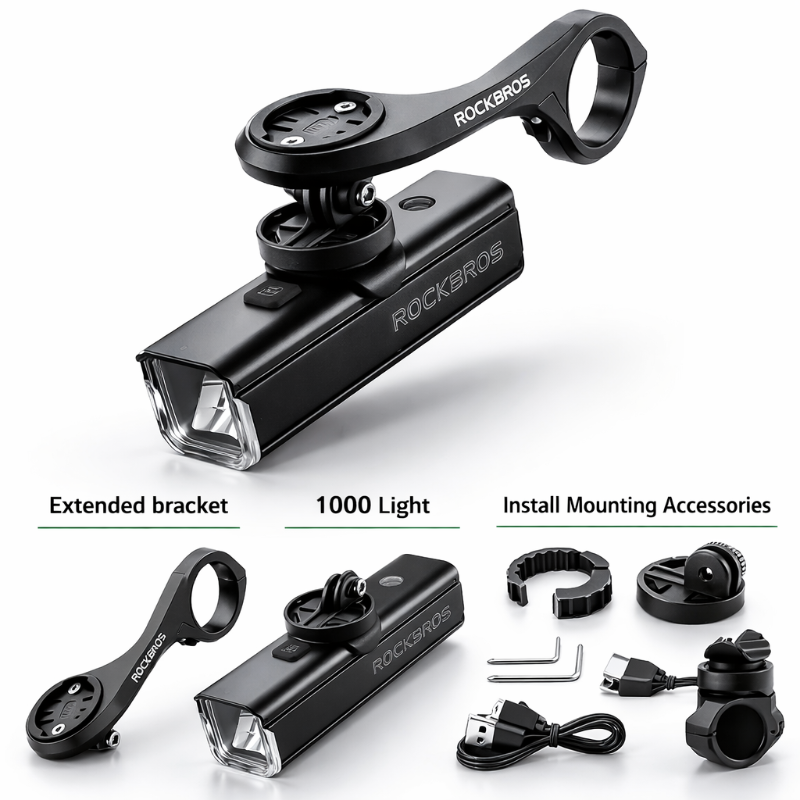 RockBros bike light set with extended bracket and mounting accessories on a white background