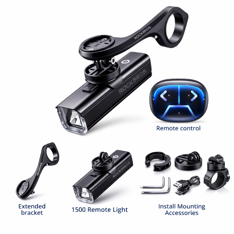Bicycle light set with remote control and mounting accessories on a white background