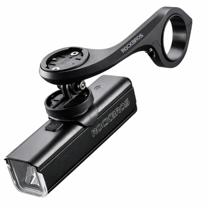 Black bicycle light and mount on a white background