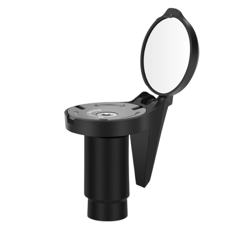 Black and gray fishing mirror with a stand on a white background