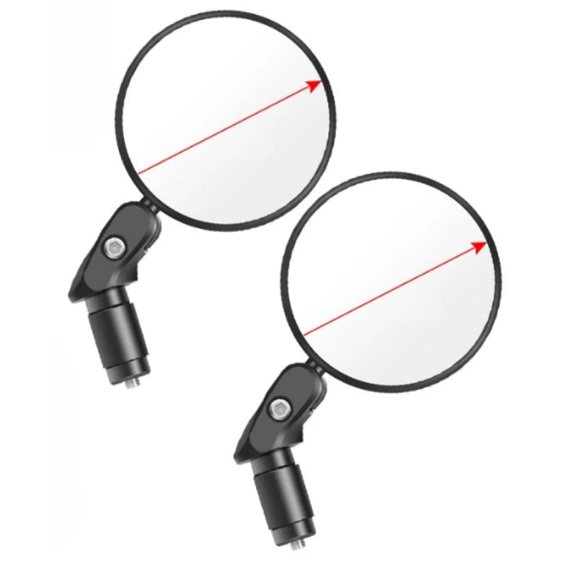 Two bike mirrors with red lines indicating field of view on a white background