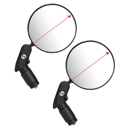 Pair of round motorcycle mirrors with black brackets on a white background