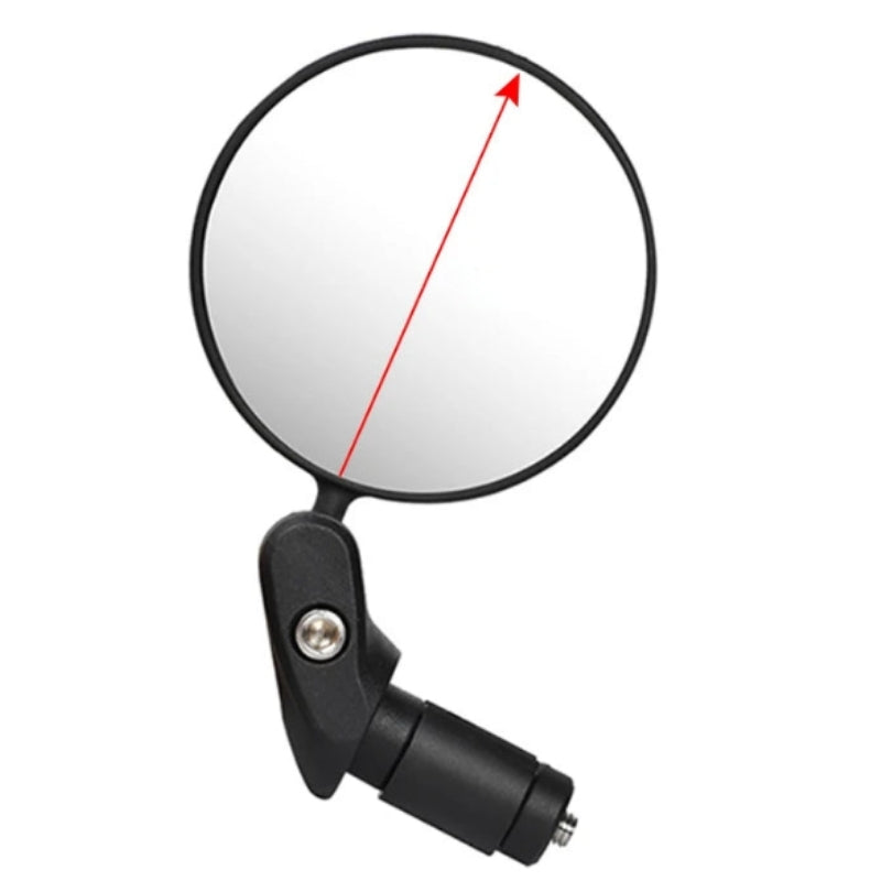 Round motorcycle mirror with a black frame and red line on a white background