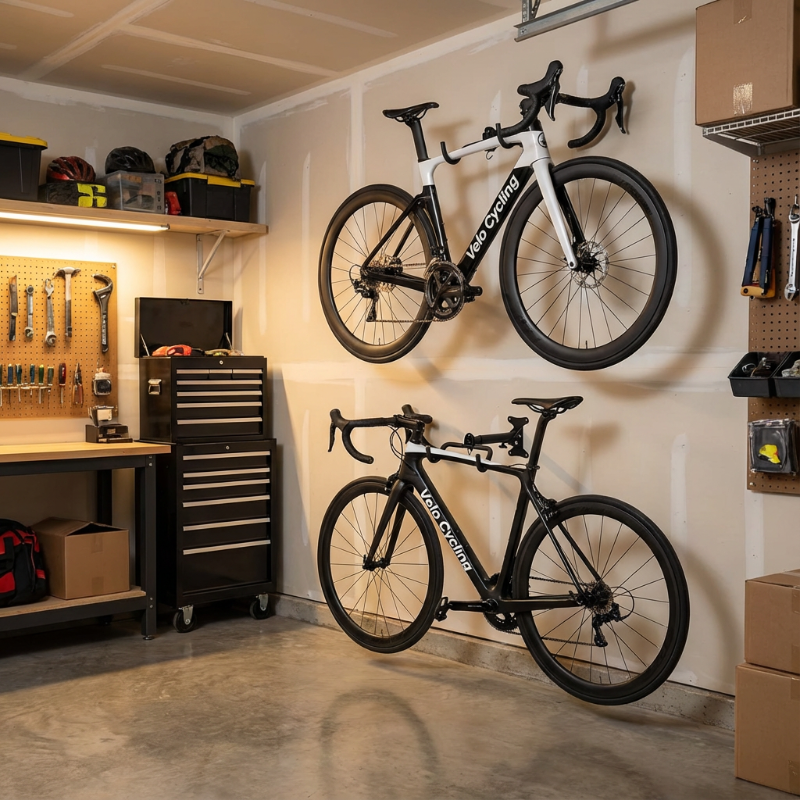 Two bicycles hanging on a wall in a garage setting with tools and storage.