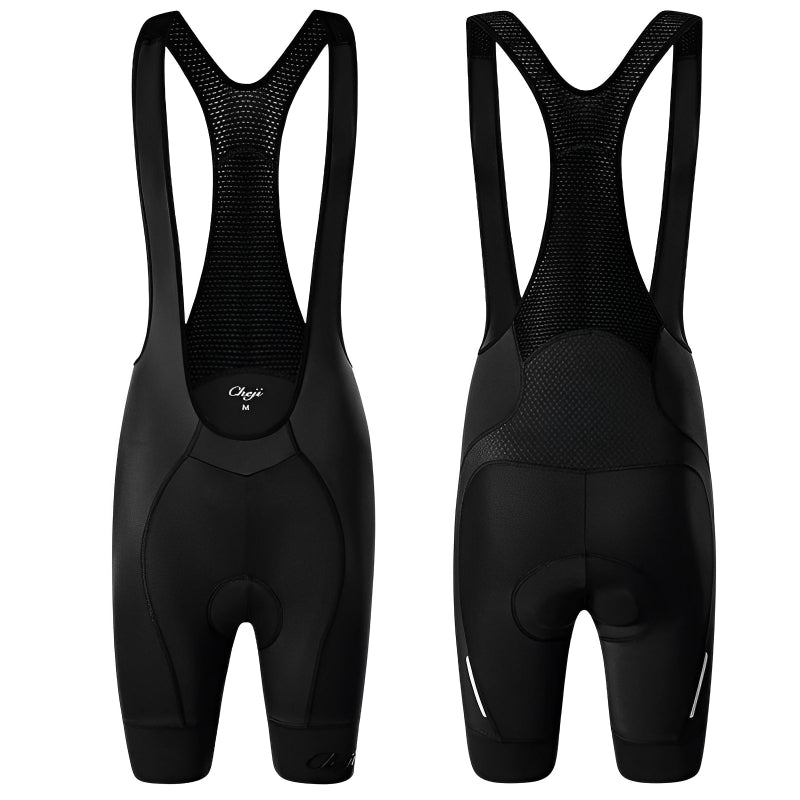 Black cycling bib shorts on a white background