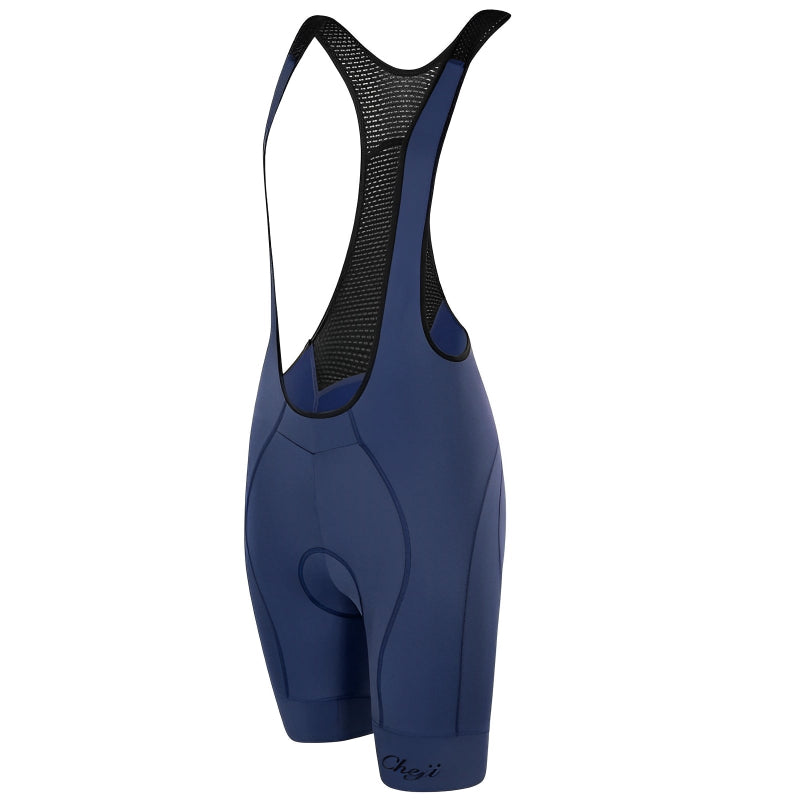 Blue cycling bib shorts with black mesh back on a white background