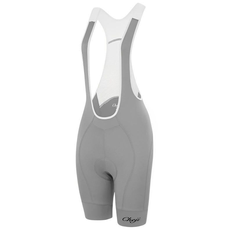 Gray cycling bib shorts with white accents on a white background