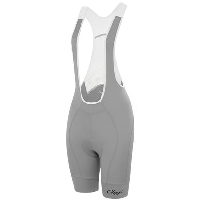 Gray cycling bib shorts with white accents on a white background