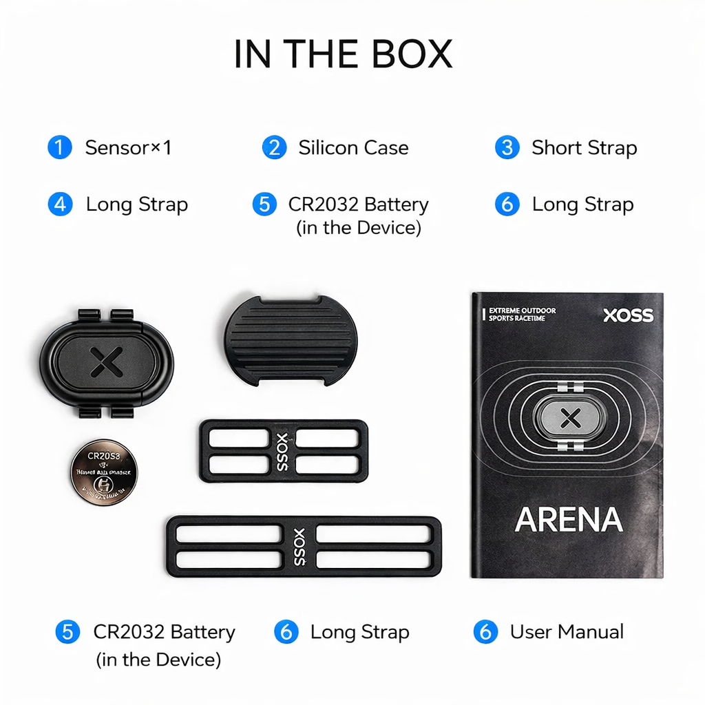 List of items included in a box with Arena Xoss product packaging.