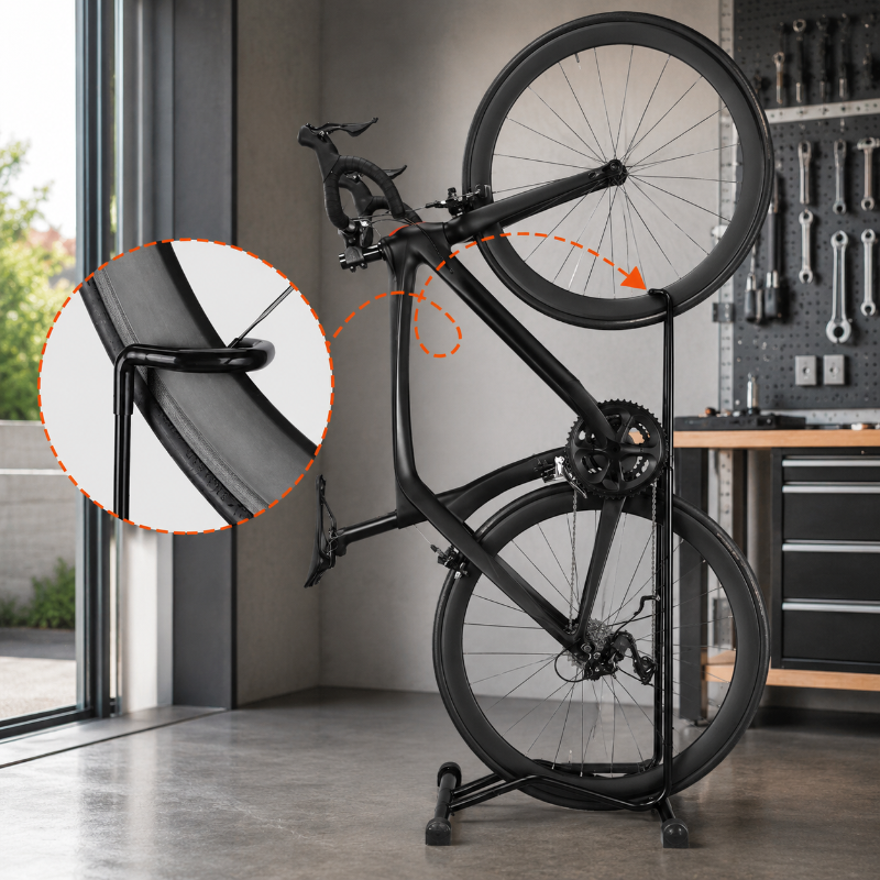 Bicycle on a stand with a close-up detail in a workshop setting