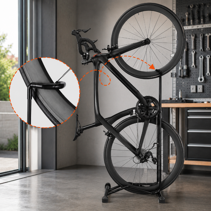 Bicycle on a stand with a close-up detail in a workshop setting