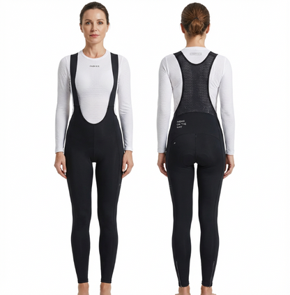 Woman wearing a black and white cycling bib suit, front and back views.