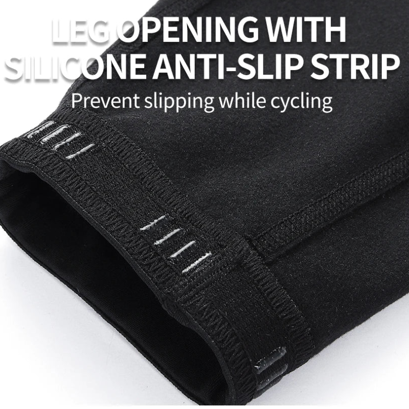 Black cycling leg warmers with silicone anti-slip strip on a white background