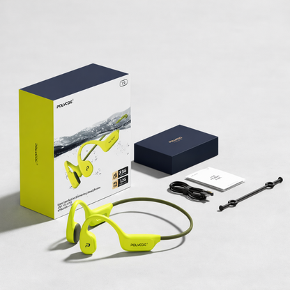 Yellow wireless earbuds with packaging and accessories on a white background