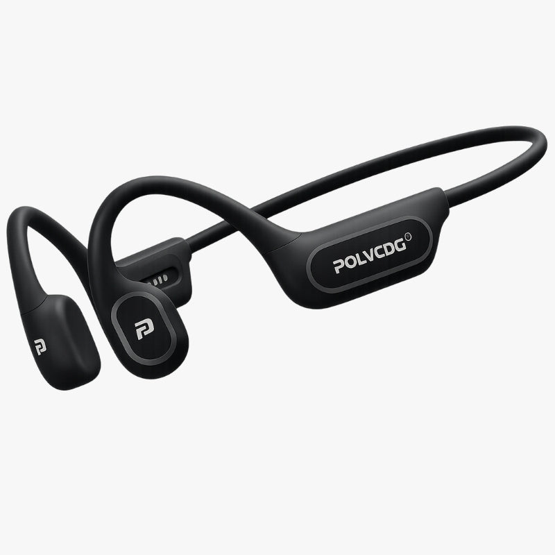 Black wireless earbuds on a white background
