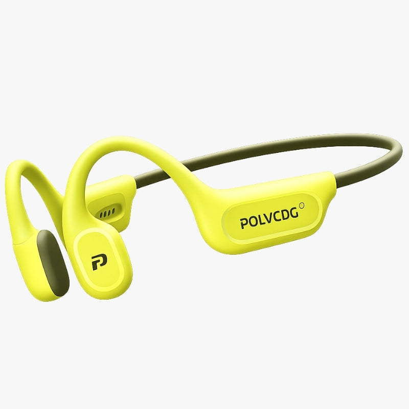 Yellow and green wireless earbuds on a white background