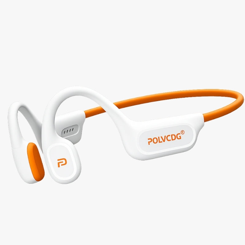 White and orange wireless earbuds w on a white background