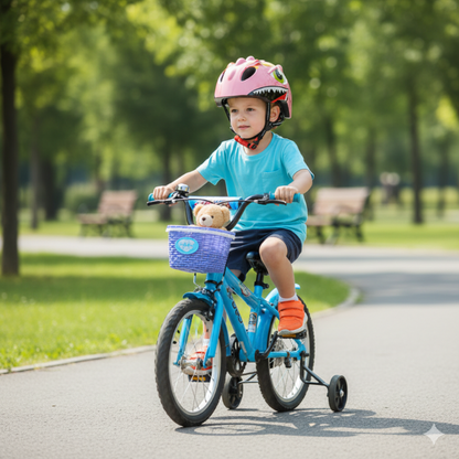Child riding a blue bicycle with a basket in a park