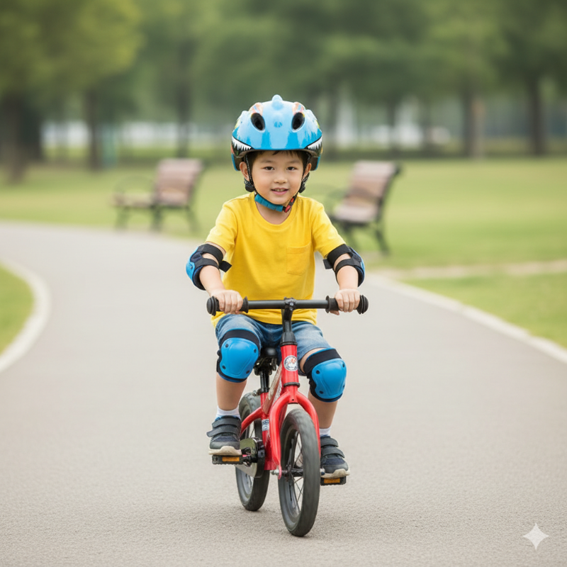 Child riding a red balance bike on a path with greenery in the background