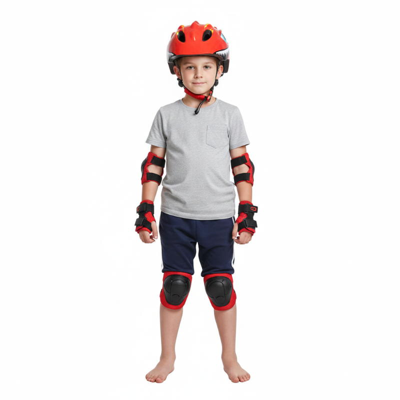 Child wearing a red helmet and protective gear on a white background