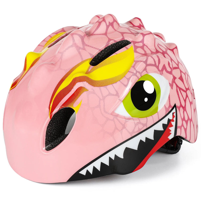 Pink children's helmet with dragon design on a white background
