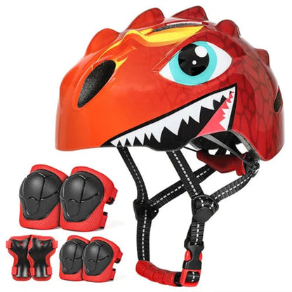 Red dinosaur-themed helmet with matching knee and elbow pads on a white background