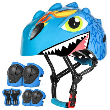 Blue dinosaur-themed helmet with matching knee and elbow pads on a white background