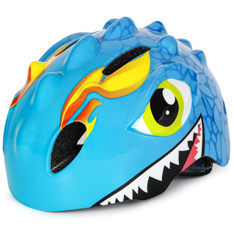 Blue children's helmet with dragon design on a white background