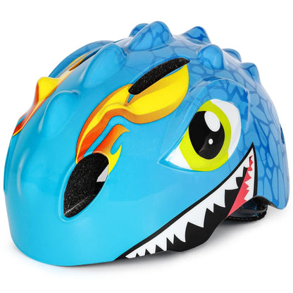 Blue children's helmet with dragon design on a white background