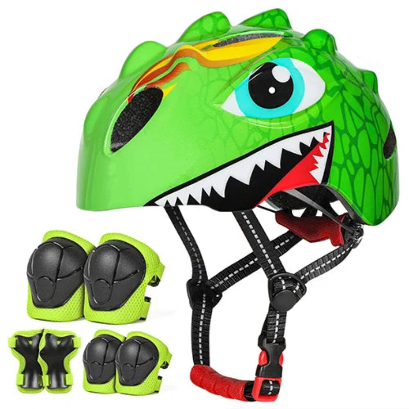 Green dinosaur-themed helmet with matching knee and elbow pads on a white background