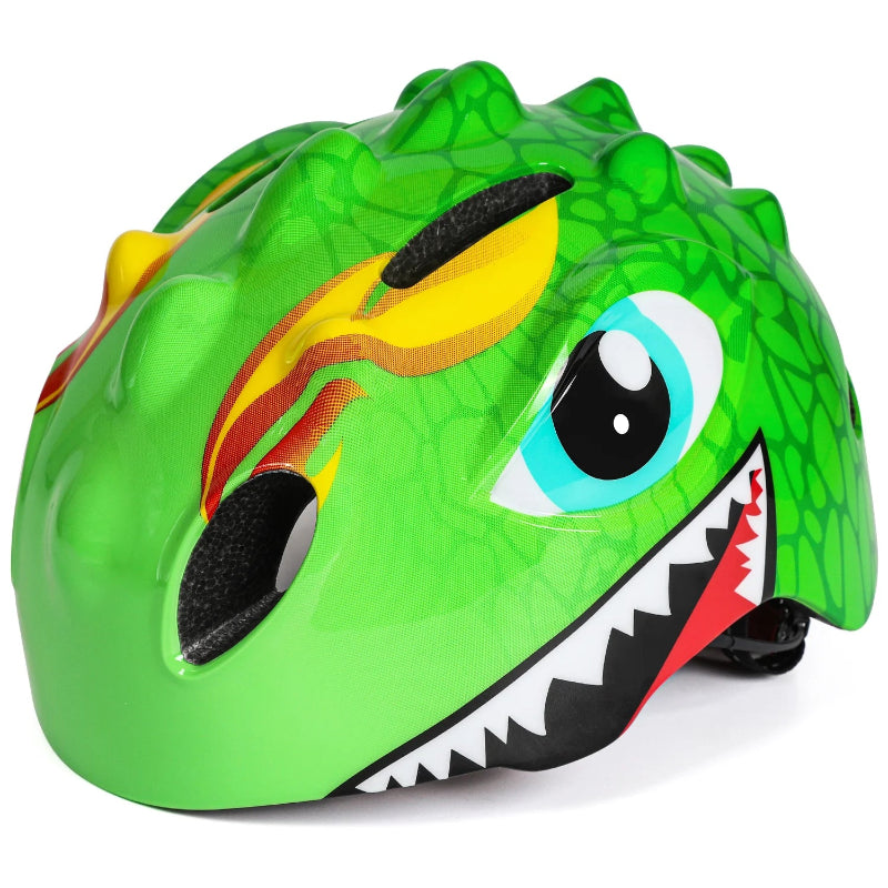 Green dinosaur-themed helmet on a white background