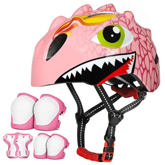 Pink dinosaur-themed helmet with matching knee and elbow pads on a white background