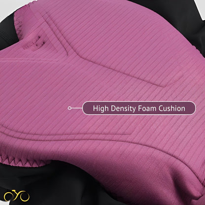 Close-up of a pink high-density foam cushion with text label on a dark background