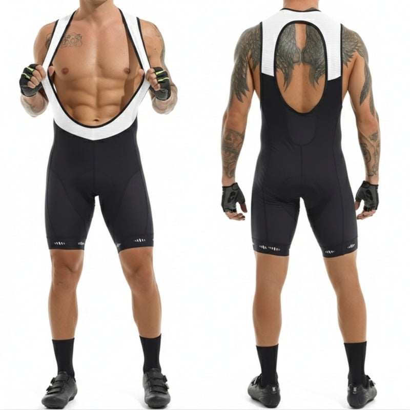 Person wearing a black cycling bib shorts with white accents on a white background