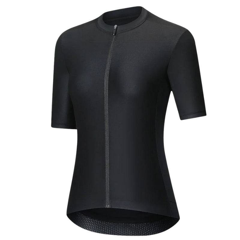 Black cycling jersey with a zipper on a white background