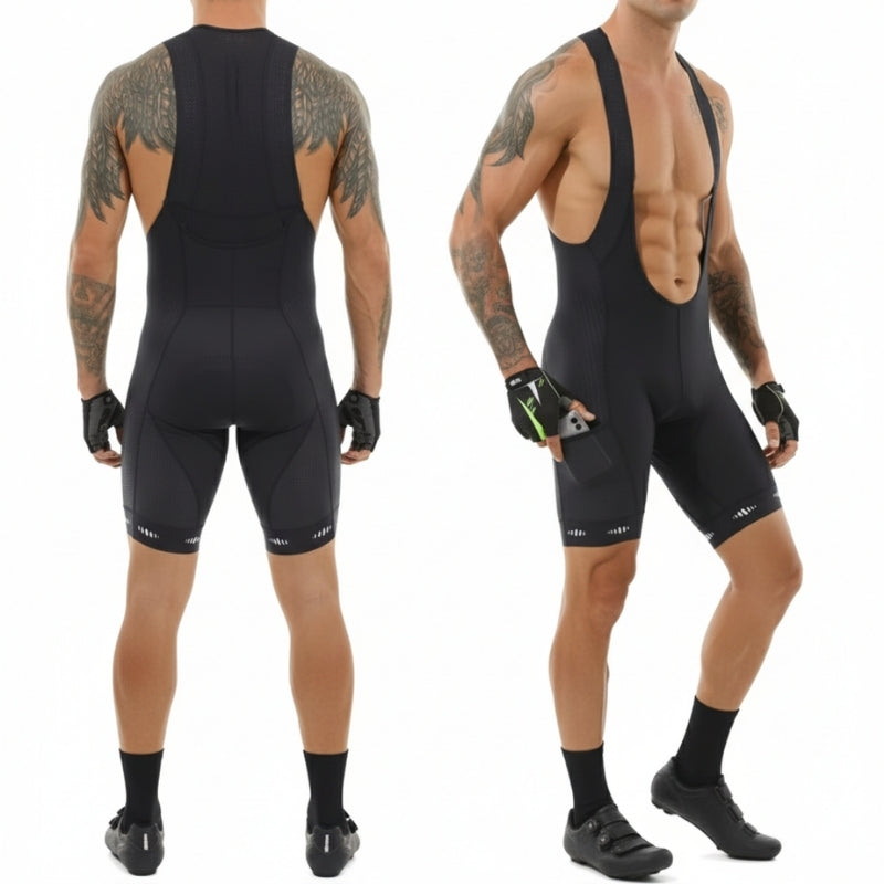 Person wearing a black cycling suit from front and back views on a white background