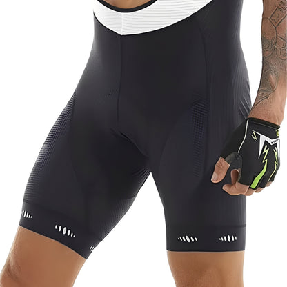 Person wearing black cycling shorts and gloves on a white background
